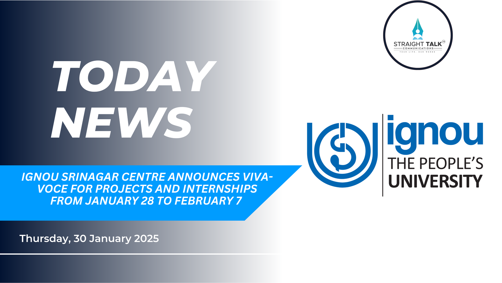 IGNOU Srinagar centre announces viva-voce for projects and internships from January 28 to February 7